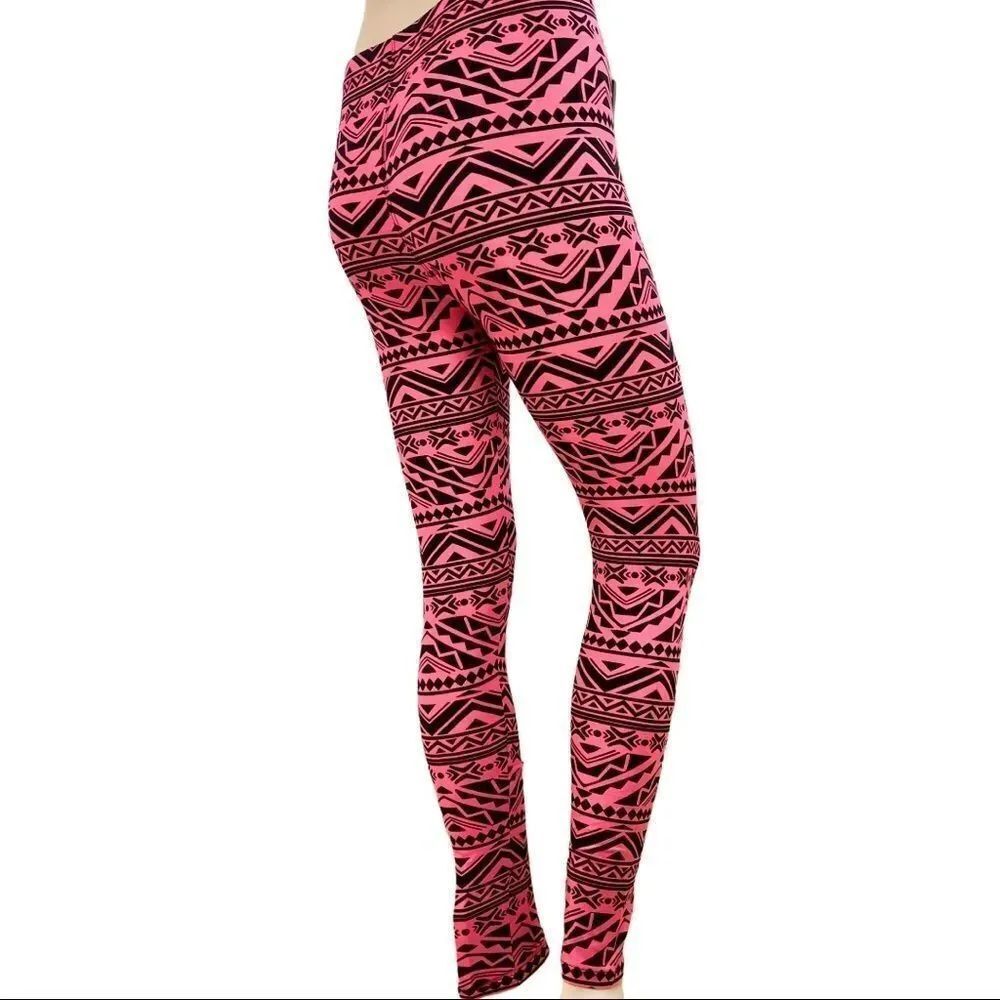 Pink Black Tribal Brushed Mid Rise Leggings Pants NEW